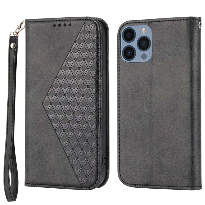 Imprinted Rhombus Pattern Phone Stand Cover for iPhone 13 Pro 6.1 inch, Calf Texture PU Leather Case Magnetic Wallet with Strap - Black - 1