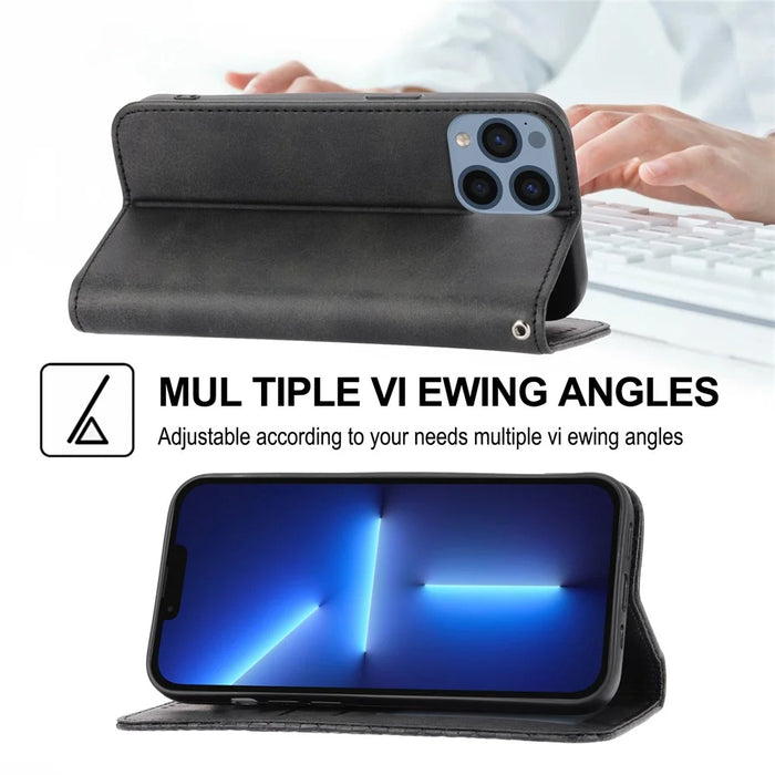 Imprinted Rhombus Pattern Phone Stand Cover for iPhone 13 Pro 6.1 inch, Calf Texture PU Leather Case Magnetic Wallet with Strap - Black - 4