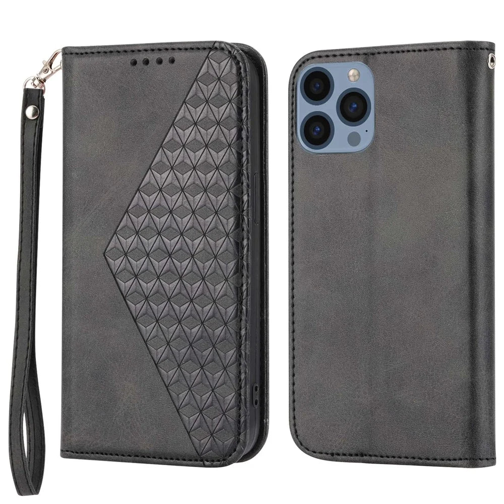 For iPhone 13 Pro Max 6.7 inch Magnetic Anti-fingerprint Calf Texture PU Leather Case Wallet Imprinted Rhombus Pattern Phone Stand Cover with Strap - Black - 1