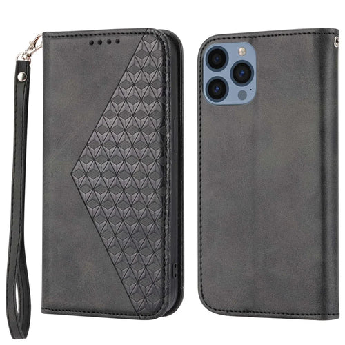 For iPhone 13 Pro Max 6.7 inch Magnetic Anti-fingerprint Calf Texture PU Leather Case Wallet Imprinted Rhombus Pattern Phone Stand Cover with Strap - Black - 1
