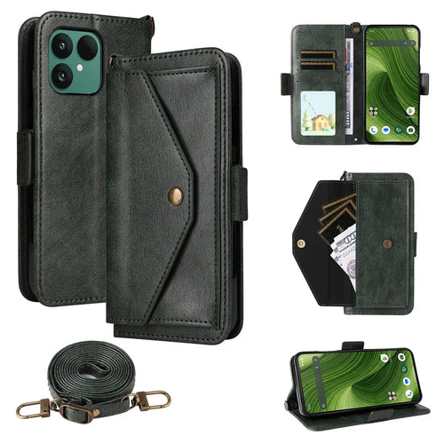 For Fairphone 6 Leather Case Magnetic Closure Wallet Stand Phone Cover with Crossbody Strap - Green - 1