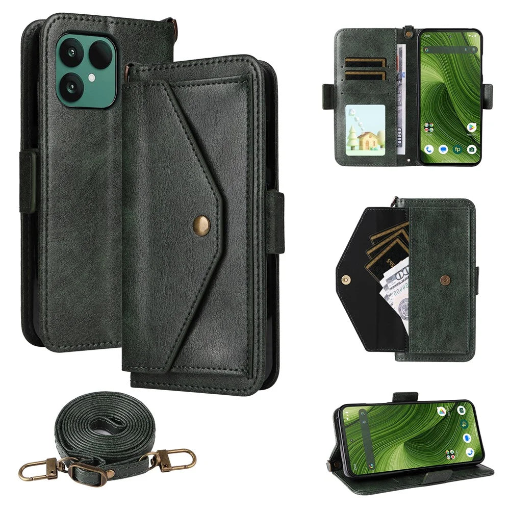 For Fairphone 6 Leather Case Magnetic Closure Wallet Stand Phone Cover with Crossbody Strap - Green - 1