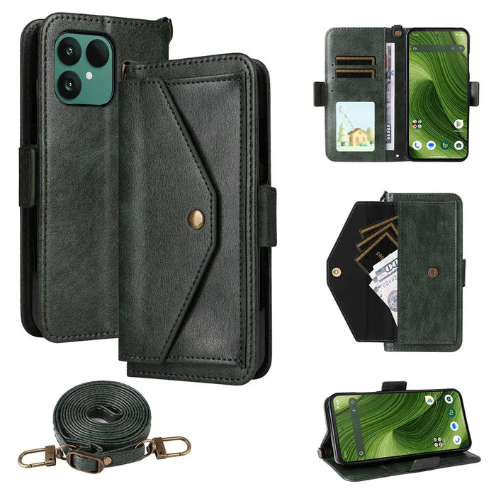 For Fairphone 6 Leather Case Magnetic Closure Wallet Stand Phone Cover with Crossbody Strap - Green - 1
