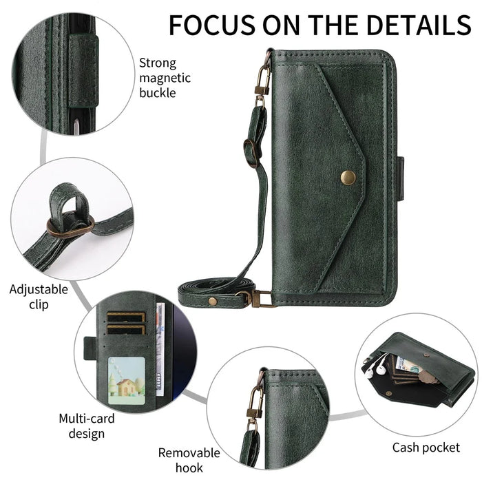 For Fairphone 6 Leather Case Magnetic Closure Wallet Stand Phone Cover with Crossbody Strap - Green - 7