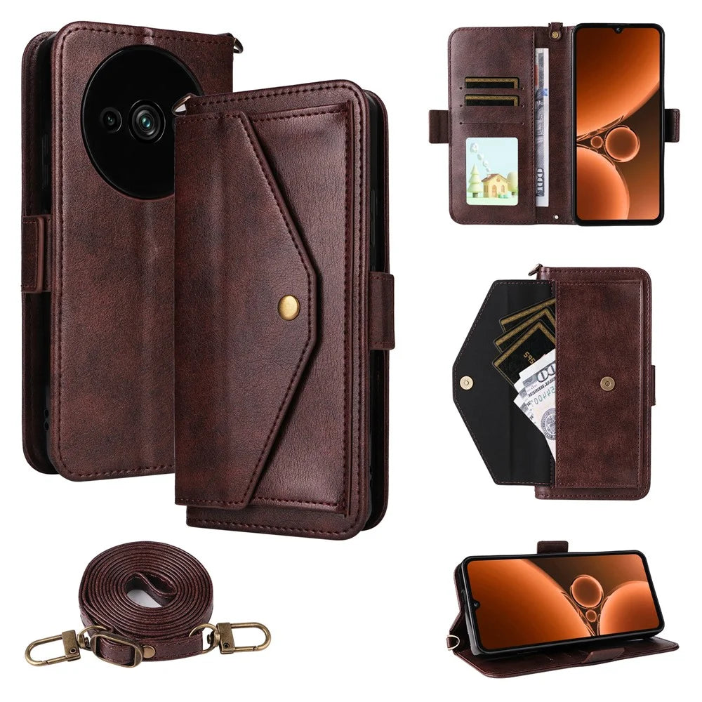 For Oukitel C59 Pro Leather Case Magnetic Closure Wallet Stand Phone Cover with Crossbody Strap - Brown - 1