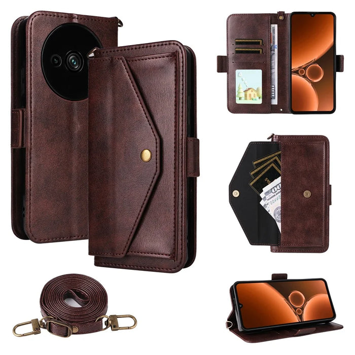 For Oukitel C59 Pro Leather Case Magnetic Closure Wallet Stand Phone Cover with Crossbody Strap - Brown - 1