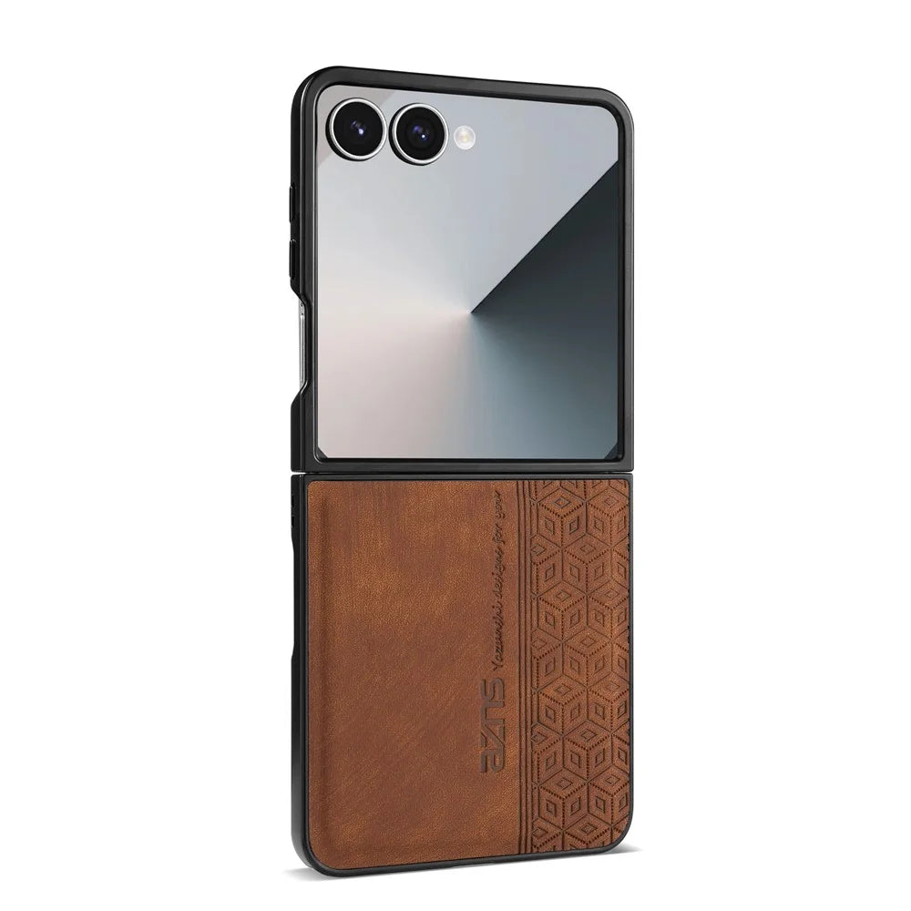 AZNS For Samsung Galaxy Z Flip7 5G Case Imprinted PU Leather Coated PC Phone Back Cover - Brown - 3