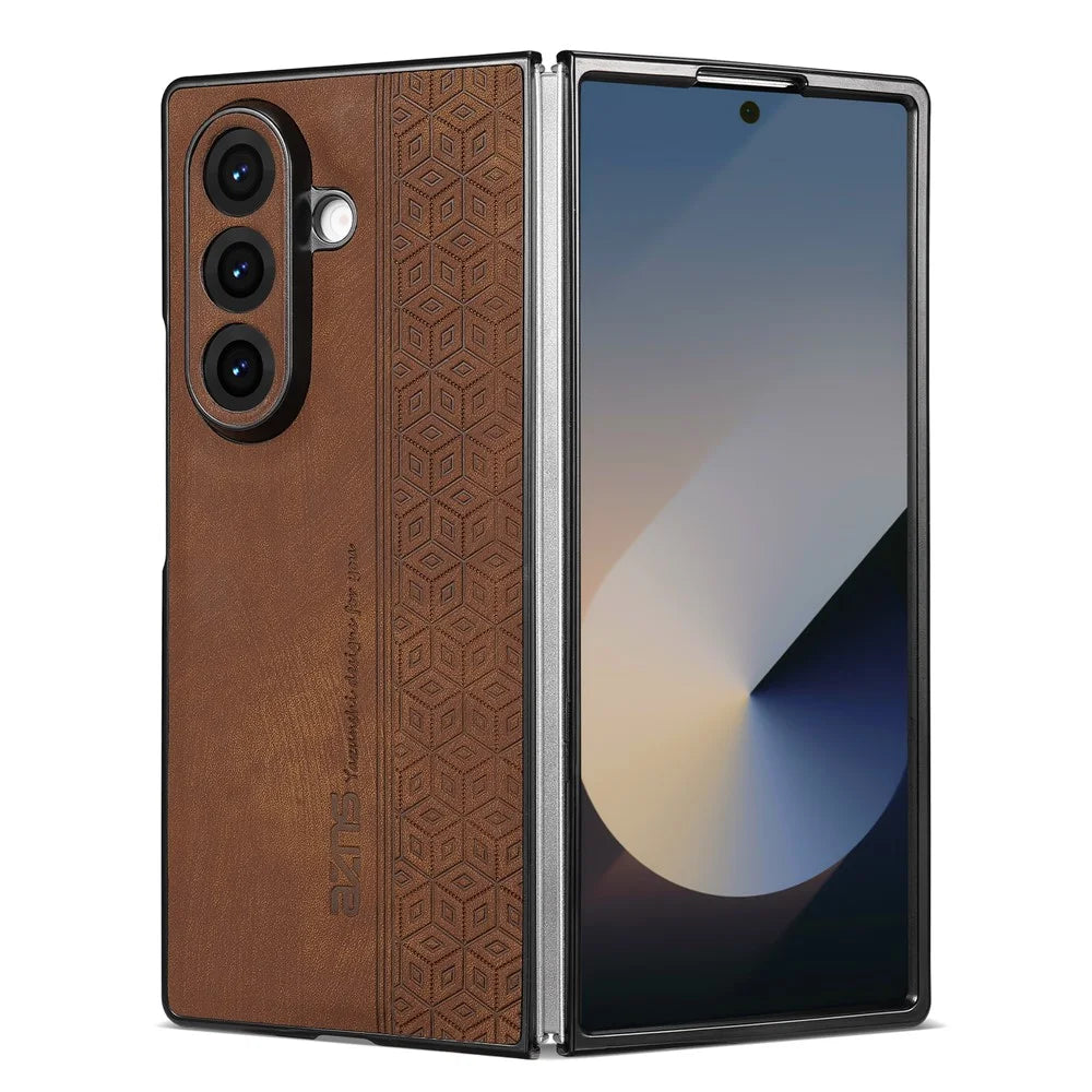 AZNS For Samsung Galaxy Z Fold7 5G Case Imprinted PU Leather Coated PC Phone Back Cover - Brown - 3