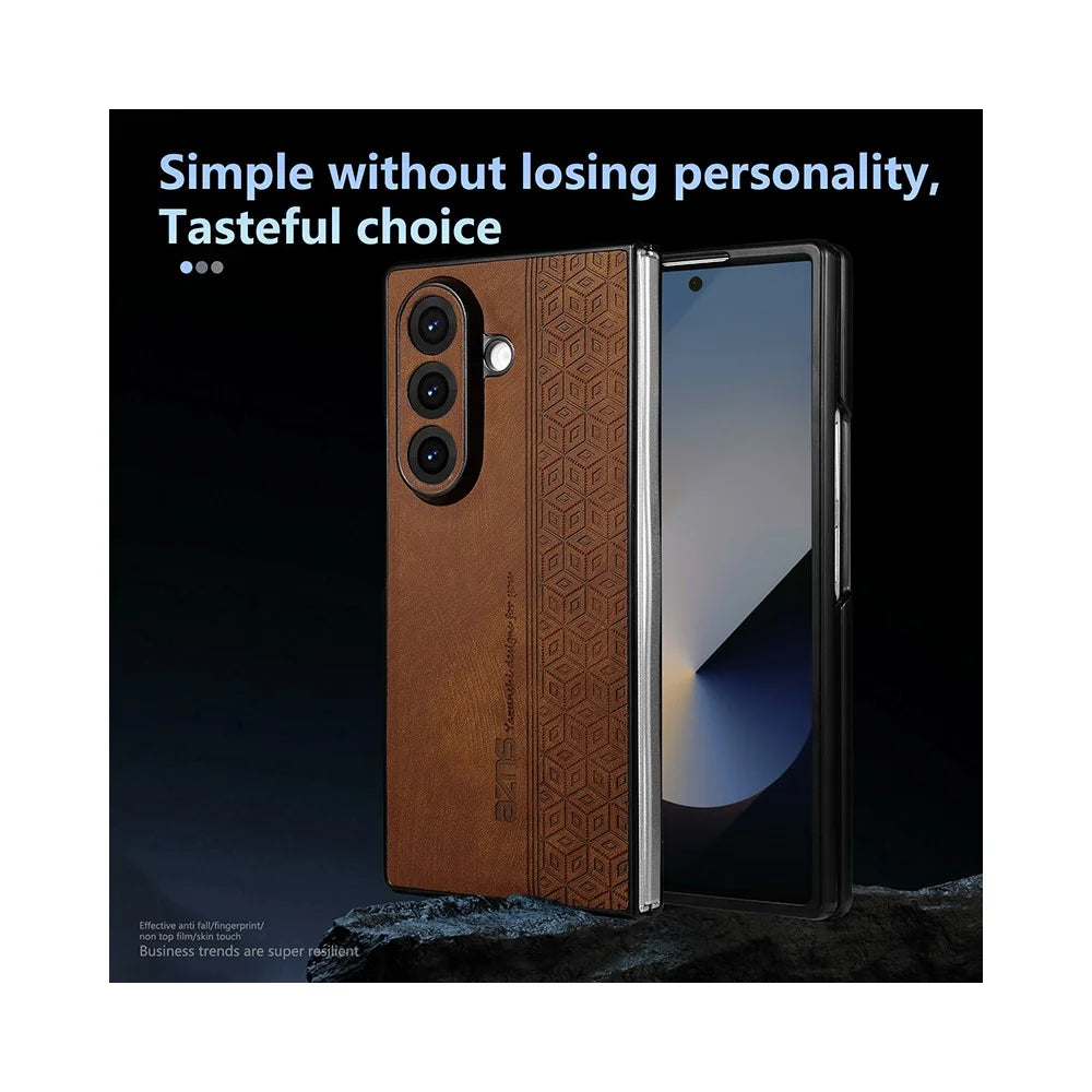 AZNS For Samsung Galaxy Z Fold7 5G Case Imprinted PU Leather Coated PC Phone Back Cover - Brown - 4