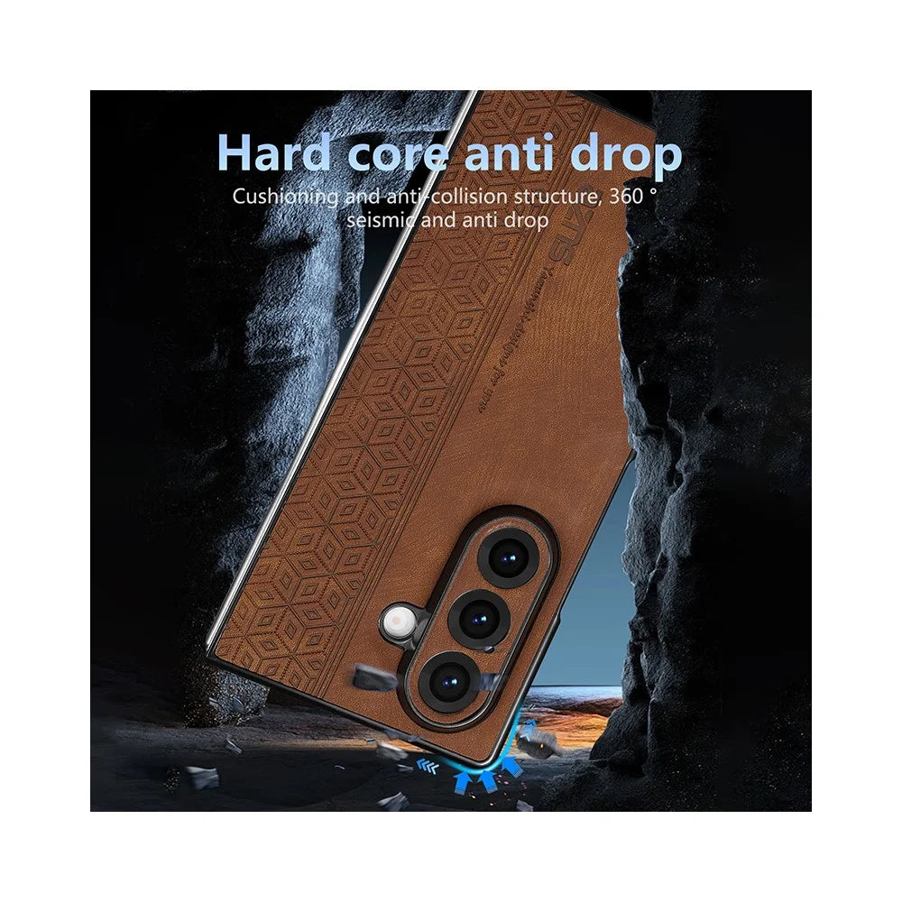 AZNS For Samsung Galaxy Z Fold7 5G Case Imprinted PU Leather Coated PC Phone Back Cover - Brown - 5