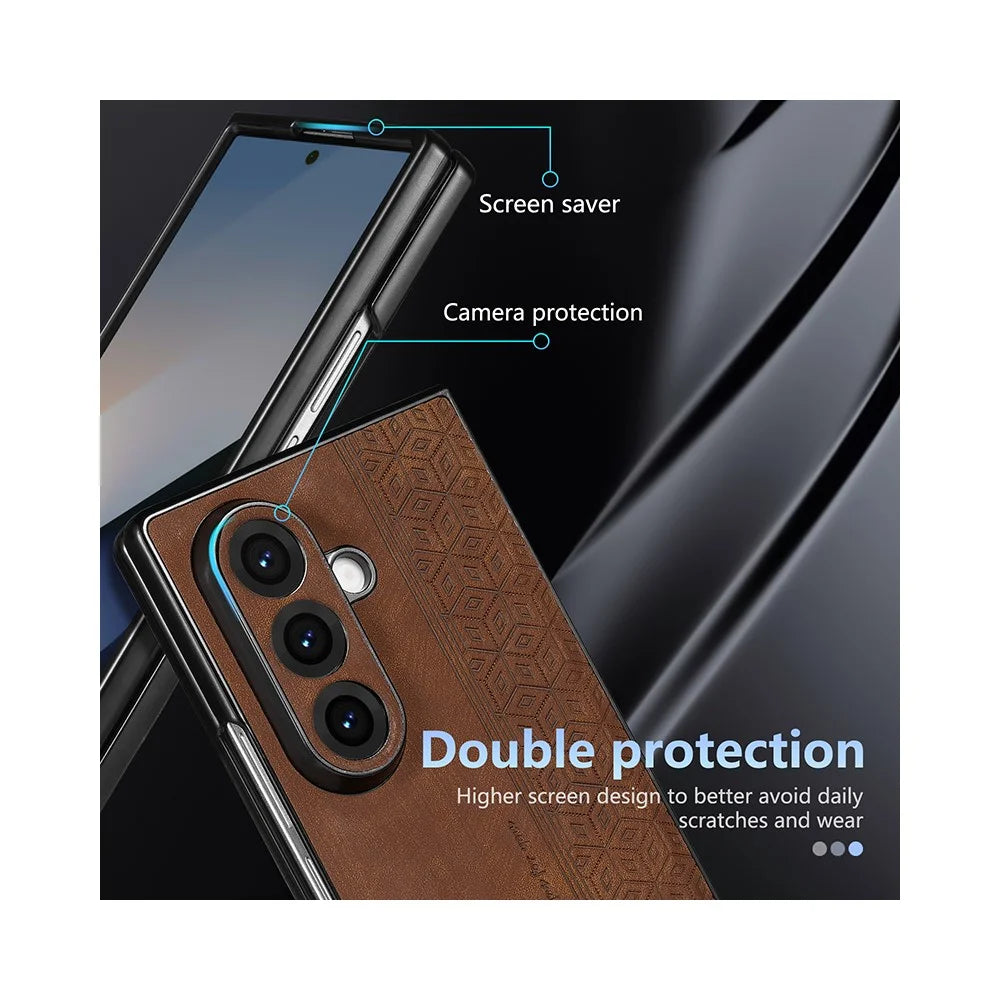 AZNS For Samsung Galaxy Z Fold7 5G Case Imprinted PU Leather Coated PC Phone Back Cover - Brown - 6