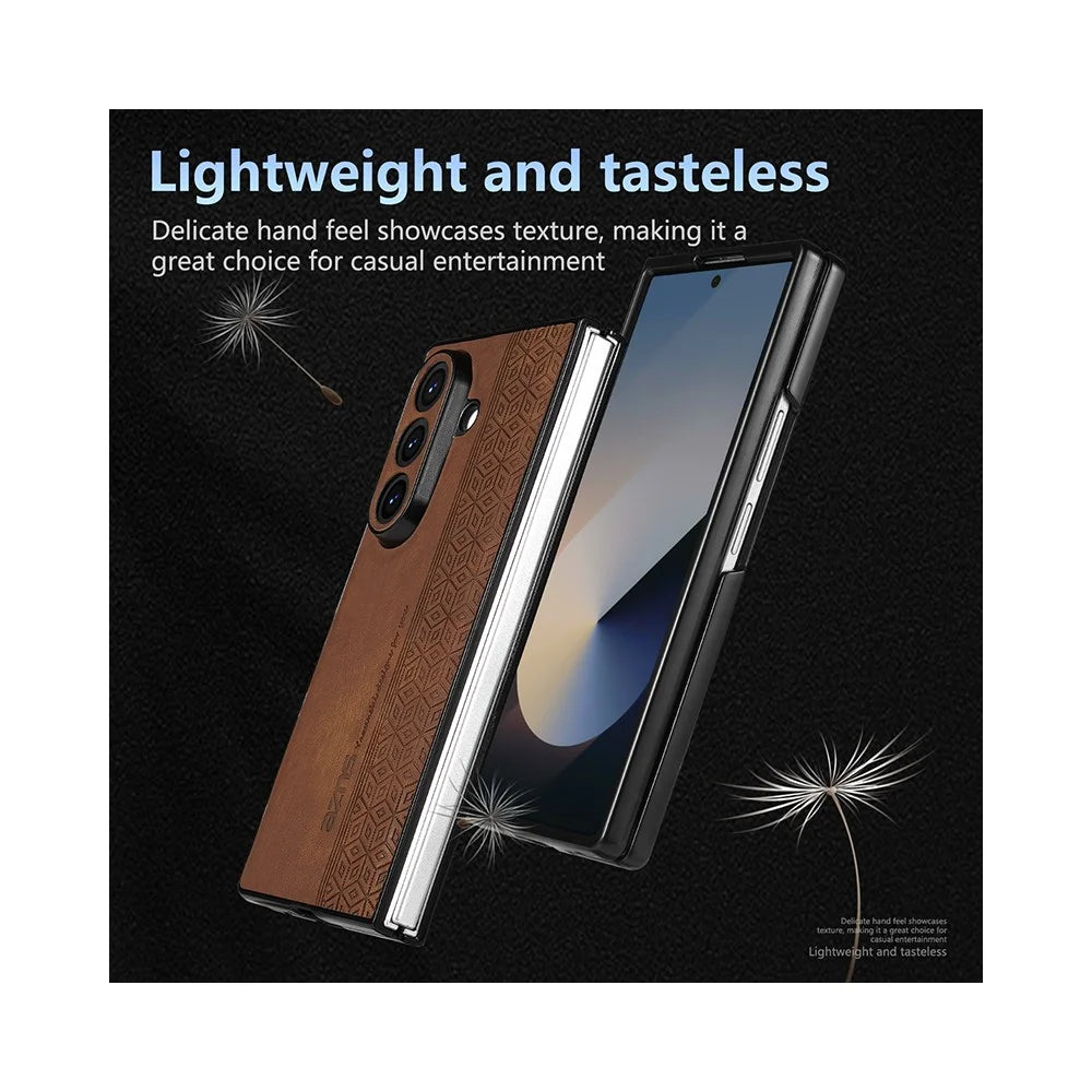 AZNS For Samsung Galaxy Z Fold7 5G Case Imprinted PU Leather Coated PC Phone Back Cover - Brown - 7