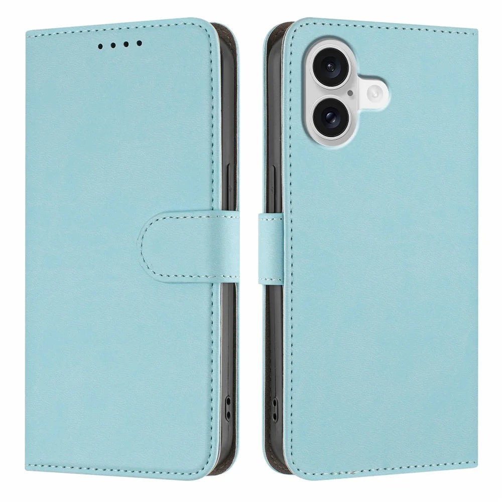 For iPhone 17 Leather Case Solid Color Phone Cover with Wallet - Baby Blue - 1