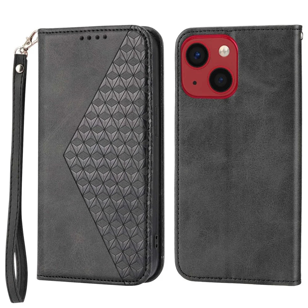 For iPhone 14 Anti-scratch Calf Texture Magnetic Wallet PU Leather Case Imprinted Rhombus Pattern Stand Cover with Strap - Black - 1
