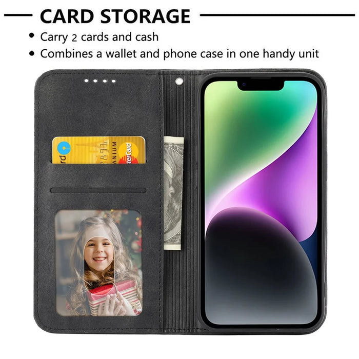 For iPhone 14 Anti-scratch Calf Texture Magnetic Wallet PU Leather Case Imprinted Rhombus Pattern Stand Cover with Strap - Black - 3
