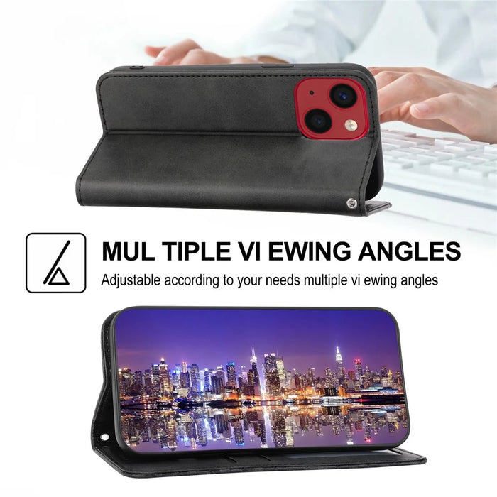 For iPhone 14 Anti-scratch Calf Texture Magnetic Wallet PU Leather Case Imprinted Rhombus Pattern Stand Cover with Strap - Black - 4