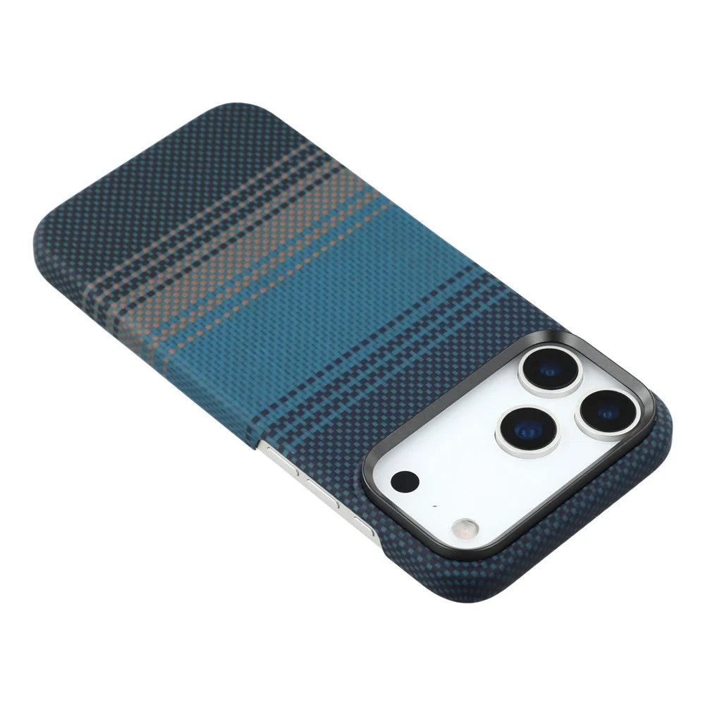 For iPhone 17 Pro Case Gradient Aramid Fiber Magnetic Phone Cover with Metal Lens Frame - Blue Floating Weave - 5