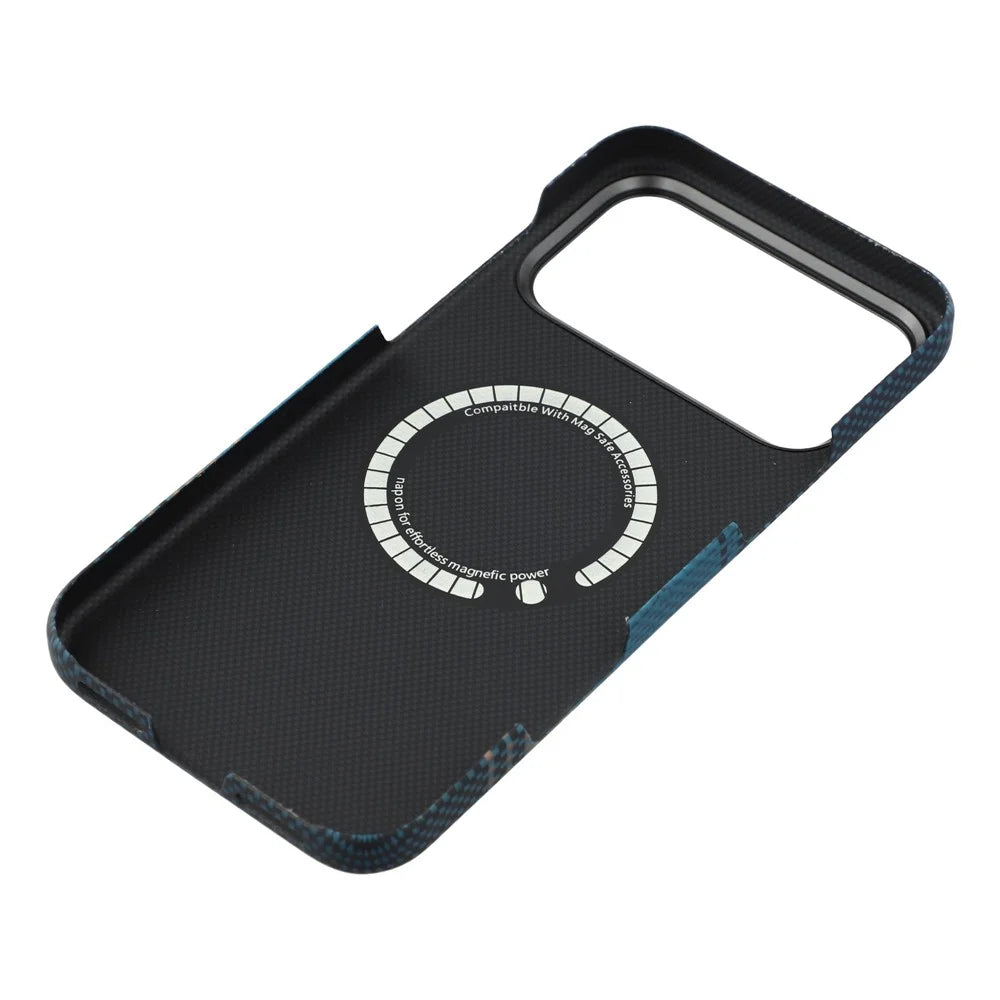 For iPhone 17 Pro Case Gradient Aramid Fiber Magnetic Phone Cover with Metal Lens Frame - Blue Floating Weave - 6
