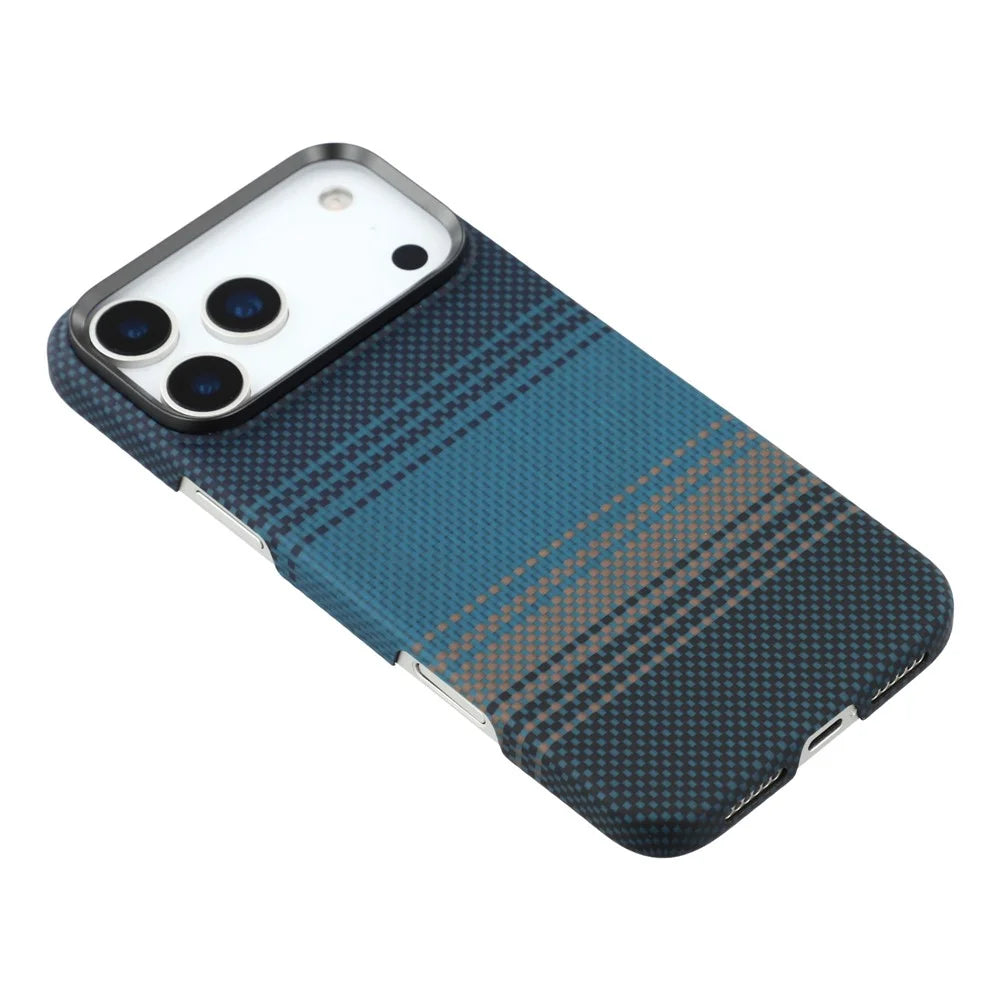 For iPhone 17 Pro Max Case Gradient Aramid Fiber Magnetic Phone Cover with Metal Lens Frame - Blue Floating Weave - 4