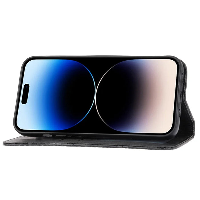 For iPhone 14 Pro Max Calf Texture PU Leather Case Magnetic Wallet Imprinted Rhombus Pattern Phone Stand Cover with Strap - Black - 2