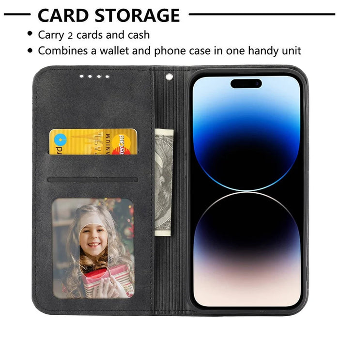 For iPhone 14 Pro Max Calf Texture PU Leather Case Magnetic Wallet Imprinted Rhombus Pattern Phone Stand Cover with Strap - Black - 3