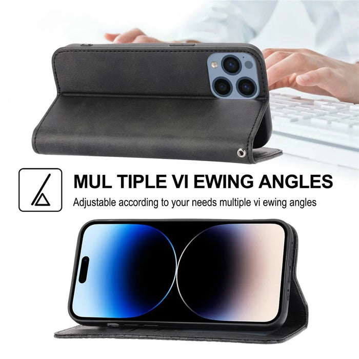 For iPhone 14 Pro Max Calf Texture PU Leather Case Magnetic Wallet Imprinted Rhombus Pattern Phone Stand Cover with Strap - Black - 4