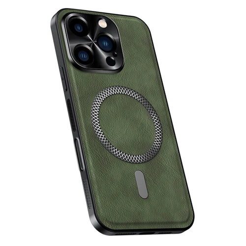 For iPhone 16 Pro Case Compatible with MagSafe PU TPU PC Phone Back Cover with Metal Lens Frame - Green - 1
