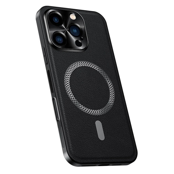 For iPhone 16 Pro Max Case Compatible with MagSafe PU TPU PC Phone Back Cover with Metal Lens Frame - Black - 1