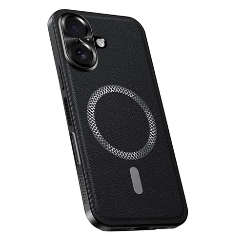 For iPhone 16 Case Compatible with MagSafe PU TPU PC Phone Back Cover with Metal Lens Frame - Black - 1