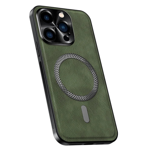 For iPhone 15 Pro Case Compatible with MagSafe PU TPU PC Phone Back Cover with Metal Lens Frame - Green - 1