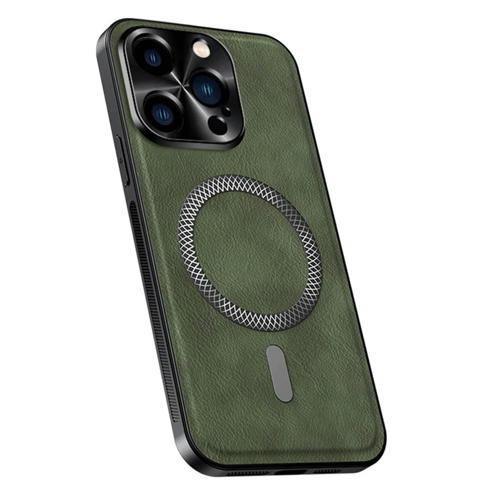 For iPhone 15 Pro Case Compatible with MagSafe PU TPU PC Phone Back Cover with Metal Lens Frame - Green - 1