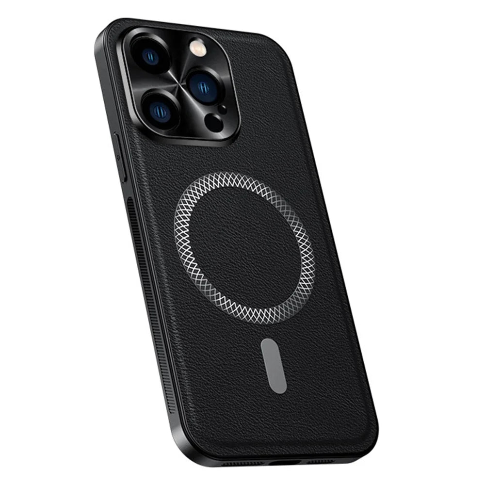 For iPhone 15 Pro Max Case Compatible with MagSafe PU TPU PC Phone Back Cover with Metal Lens Frame - Black - 1