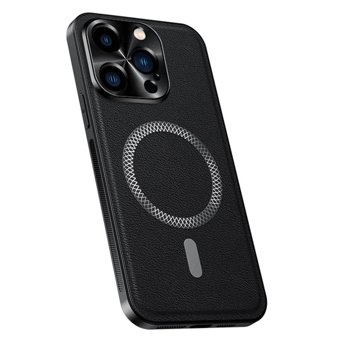 For iPhone 15 Pro Max Case Compatible with MagSafe PU TPU PC Phone Back Cover with Metal Lens Frame - Black - 1