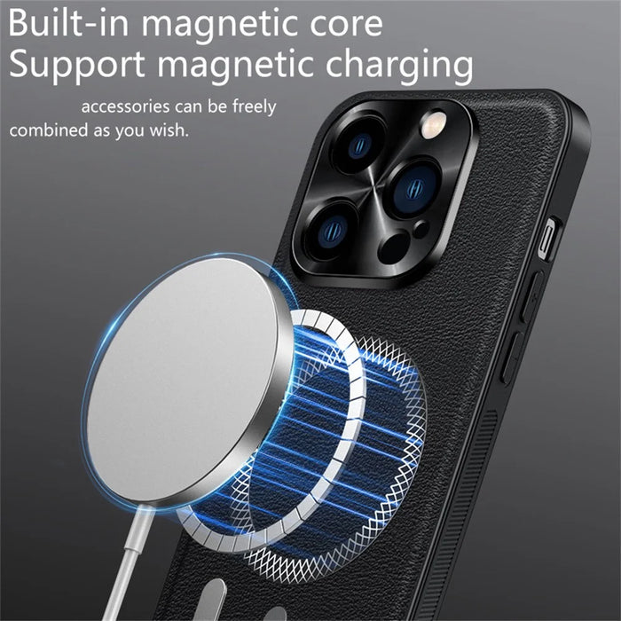 For iPhone 15 Pro Max Case Compatible with MagSafe PU TPU PC Phone Back Cover with Metal Lens Frame - Black - 3