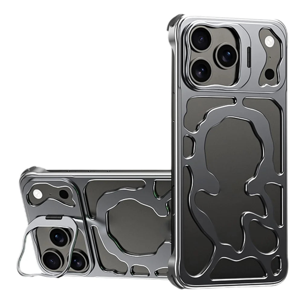 Auspicious Cloud Series For iPhone 17 Pro Hollow Case Aluminum Alloy Kickstand Magnetic Phone Cover - Grey - 1