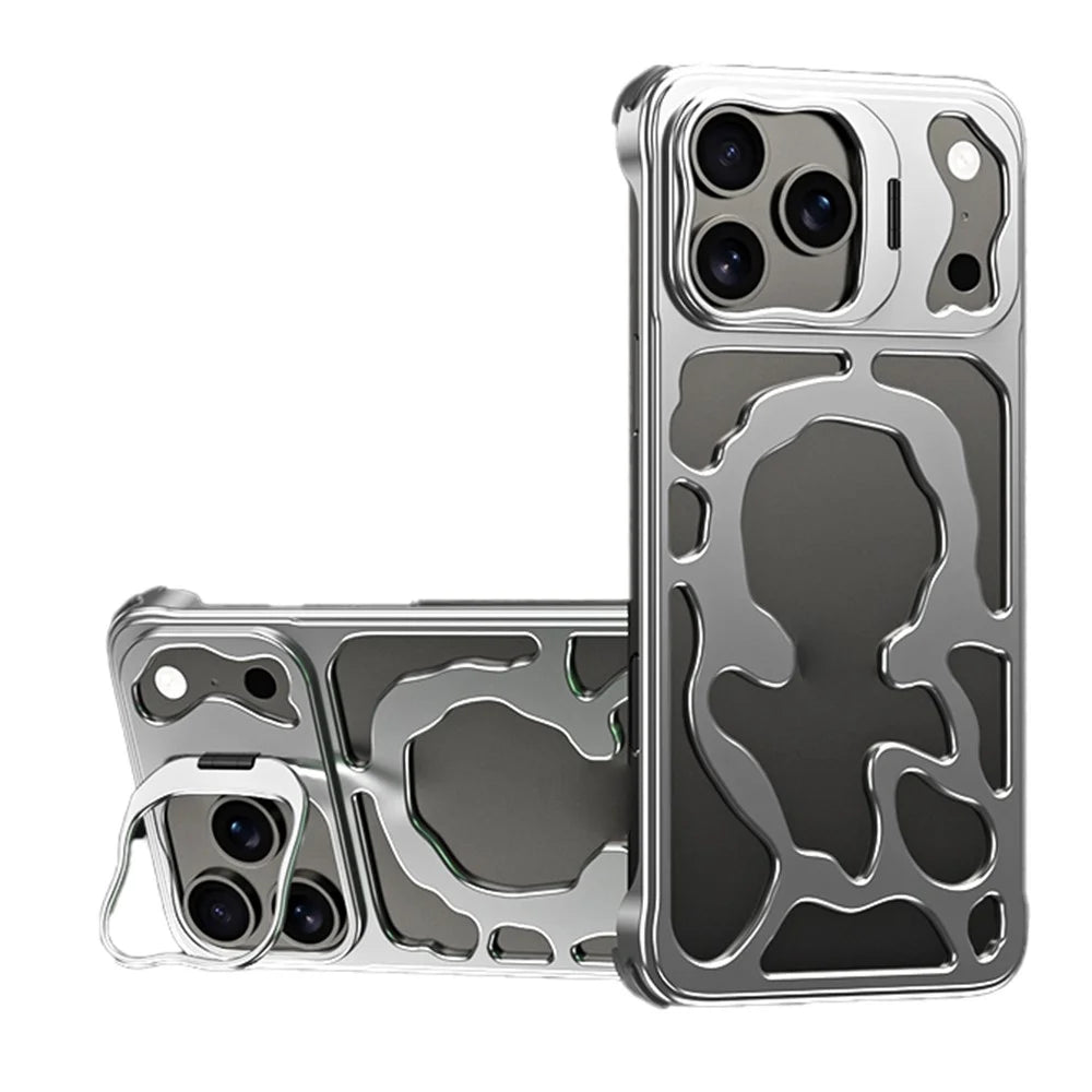 Auspicious Cloud Series For iPhone 17 Pro Max Hollow Case Aluminum Alloy Kickstand Magnetic Phone Cover - Silver - 1