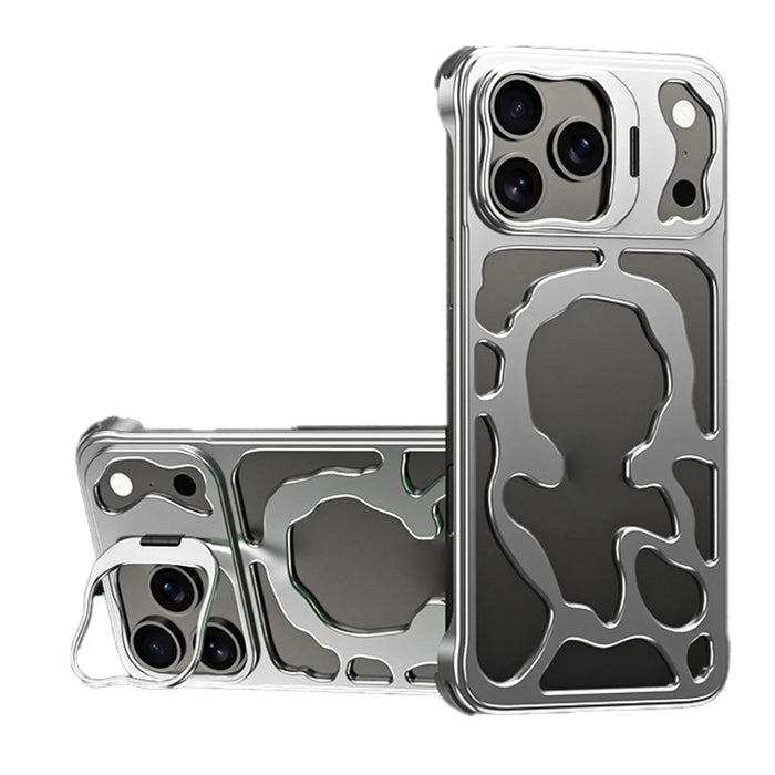 Auspicious Cloud Series For iPhone 17 Pro Max Hollow Case Aluminum Alloy Kickstand Magnetic Phone Cover - Silver - 1