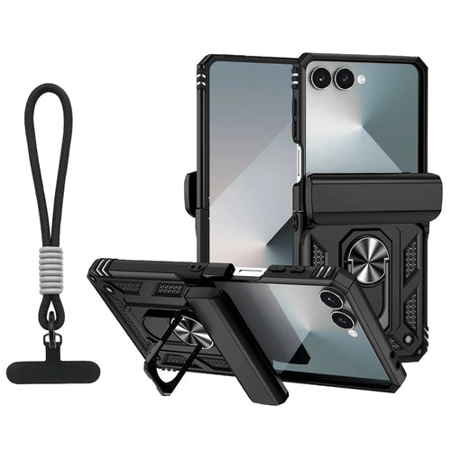 For Samsung Galaxy Z Flip7 5G Case with Wrist Strap / Kickstand Hinge Protection PC + TPU Phone Cover - Black - 1