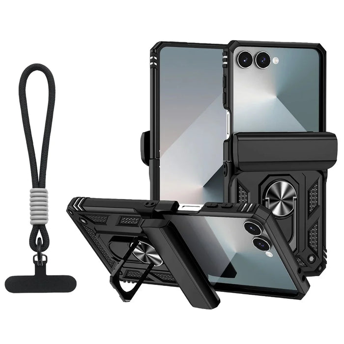 For Samsung Galaxy Z Flip7 5G Case with Wrist Strap / Kickstand Hinge Protection PC + TPU Phone Cover - Black - 1