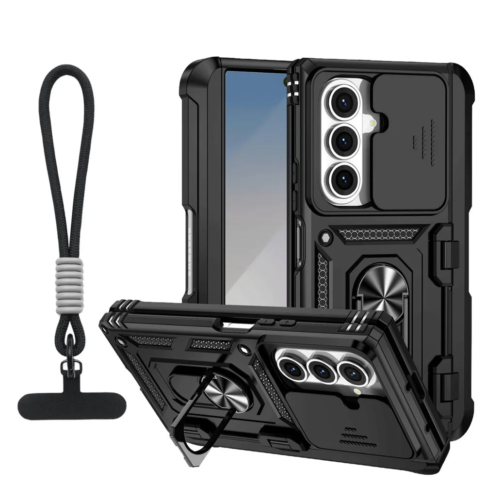 For Samsung Galaxy Z Fold7 5G Case with Wrist Strap / Kickstand Hinge Protection PC + TPU Phone Cover - Black - 1