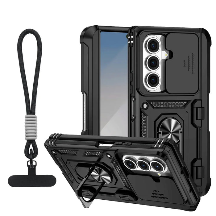 For Samsung Galaxy Z Fold7 5G Case with Wrist Strap / Kickstand Hinge Protection PC + TPU Phone Cover - Black - 1