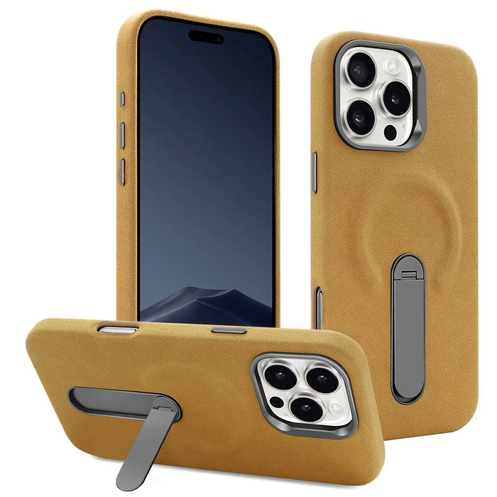 For iPhone 16 Pro Max Magnetic Case with Kickstand Retro Jeans Texture PU + PC Phone Cover - Light Brown - 1