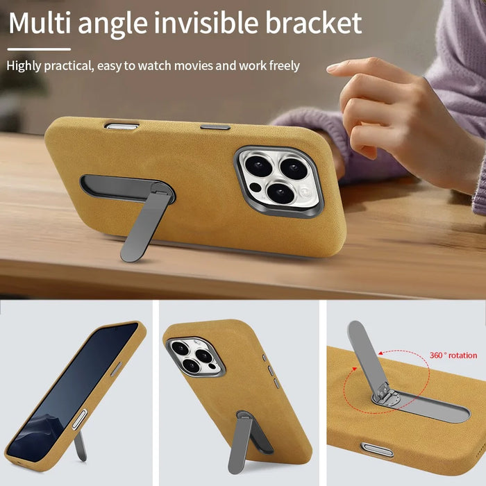 For iPhone 16 Pro Max Magnetic Case with Kickstand Retro Jeans Texture PU + PC Phone Cover - Light Brown - 4
