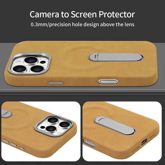 For iPhone 16 Pro Max Magnetic Case with Kickstand Retro Jeans Texture PU + PC Phone Cover - Light Brown - 6