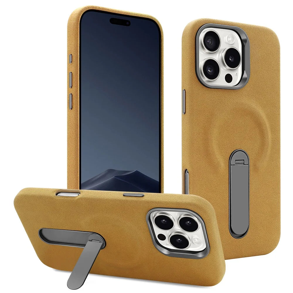 For iPhone 16 Pro Magnetic Case with Kickstand Retro Jeans Texture PU + PC Phone Cover - Light Brown - 1