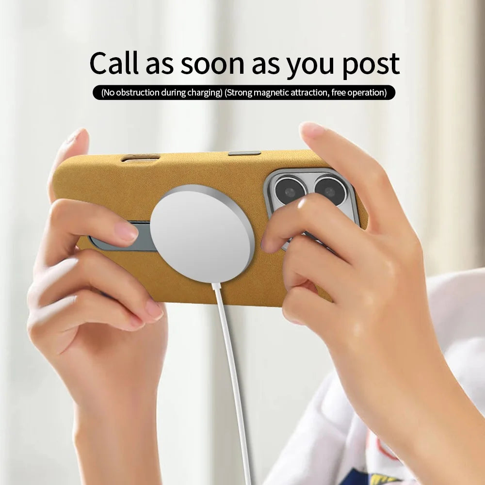 For iPhone 16 Pro Magnetic Case with Kickstand Retro Jeans Texture PU + PC Phone Cover - Light Brown - 3