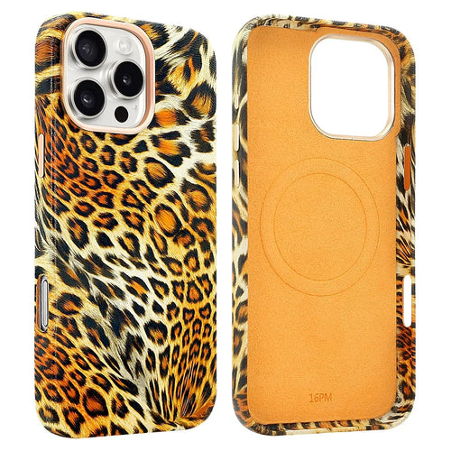 For iPhone 16 Pro Max Case Compatible with MagSafe Leopard Texture PU + PC Phone Cover - Gold - 1