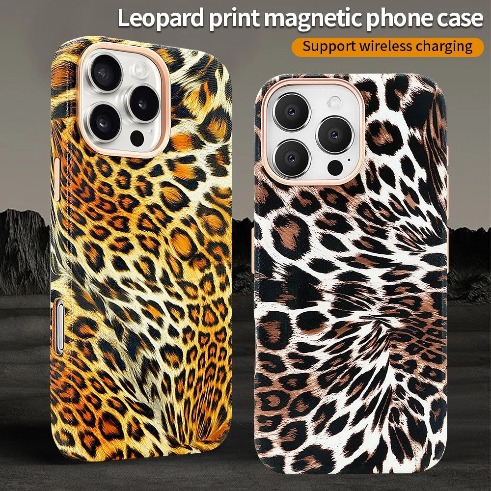 For iPhone 16 Pro Max Case Compatible with MagSafe Leopard Texture PU + PC Phone Cover - Gold - 2