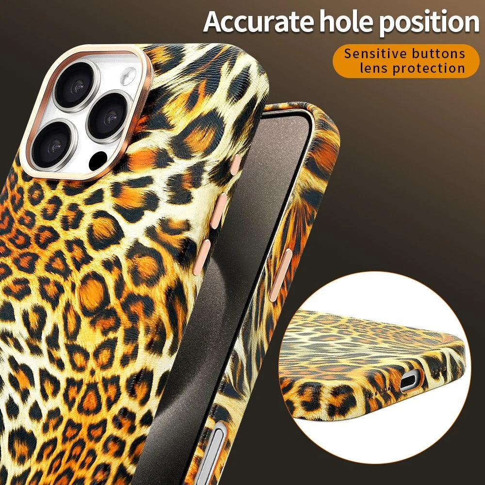 For iPhone 16 Pro Max Case Compatible with MagSafe Leopard Texture PU + PC Phone Cover - Gold - 3