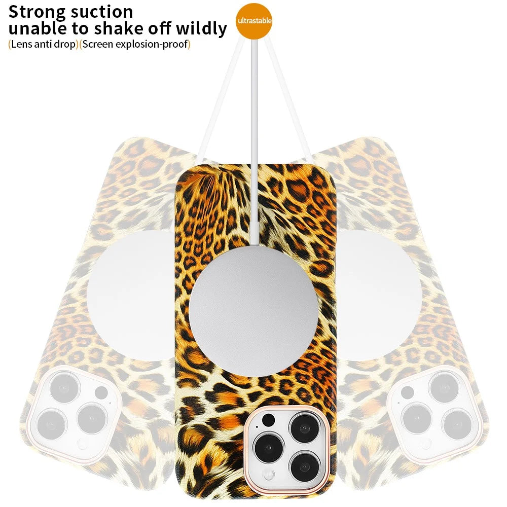 For iPhone 16 Pro Max Case Compatible with MagSafe Leopard Texture PU + PC Phone Cover - Gold - 4